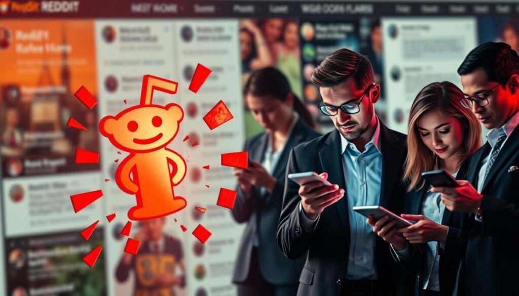 A digital collage showcasing the concept of Reddit karma, with a focus on the theme of losing score. In the foreground, a large, stylized representation of a karma score, depicted as a glowing red number surrounded by fragmented pieces symbolizing the loss and risks associated with it. In the middle ground, users of diverse backgrounds, dressed in professional business attire, are interacting with their devices, expressions ranging from contemplation to concern, embodying the emotional stakes of online karma. The background features a blurred depiction of a vibrant Reddit interface, filled with posts and comments in soft-focus, creating depth. The lighting is soft yet dramatic, with a slight spotlight effect on the karma score, conveying a mood of tension and introspection, emphasizing the importance of maintaining one's online reputation. A digital collage showcasing the concept of Reddit karma, with a focus on the theme of losing score. In the foreground, a large, stylized representation of a karma score, depicted as a glowing red number surrounded by fragmented pieces symbolizing the loss and risks associated with it. In the middle ground, users of diverse backgrounds, dressed in professional business attire, are interacting with their devices, expressions ranging from contemplation to concern, embodying the emotional stakes of online karma. The background features a blurred depiction of a vibrant Reddit interface, filled with posts and comments in soft-focus, creating depth. The lighting is soft yet dramatic, with a slight spotlight effect on the karma score, conveying a mood of tension and introspection, emphasizing the importance of maintaining one's online reputation.