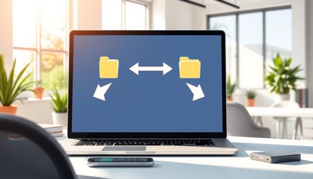 A digital illustration depicting folders synchronization in a modern office setting. In the foreground, a laptop screen displays animated folder icons exchanging data, with vibrant arrows indicating movement. The middle ground features a clutter-free desk with a smartphone and an external hard drive, emphasizing a tech-savvy work environment. The background shows a bright, airy office with large windows allowing natural light to flood the space, and potted plants for a touch of greenery. The lighting is soft yet bright, creating a calm and productive atmosphere. The camera angle is slightly above the desk level, providing a clear view of the synchronization process in action, and enhancing the focus on technology and organization. A digital illustration depicting folders synchronization in a modern office setting. In the foreground, a laptop screen displays animated folder icons exchanging data, with vibrant arrows indicating movement. The middle ground features a clutter-free desk with a smartphone and an external hard drive, emphasizing a tech-savvy work environment. The background shows a bright, airy office with large windows allowing natural light to flood the space, and potted plants for a touch of greenery. The lighting is soft yet bright, creating a calm and productive atmosphere. The camera angle is slightly above the desk level, providing a clear view of the synchronization process in action, and enhancing the focus on technology and organization.