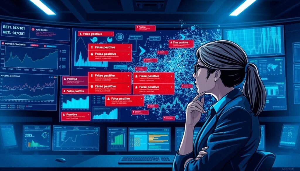 A digital illustration depicting the concept of false positives in detection tools. In the foreground, a thoughtful professional woman in business attire examines a large digital screen displaying various graphs and alerts, showing multiple "false positive" notifications highlighted in red. The middle layer features a chaotic array of abstract data, representing false signals and erroneous detections swirling around her, symbolizing confusion and frustration. In the background, a futuristic control room with screens and monitors emitting blue and green light creates a high-tech atmosphere. The lighting is bright and focused on the screen, with soft shadows adding depth. The overall mood conveys a blend of urgency and challenge, emphasizing the complexities faced by AI detection tools. A digital illustration depicting the concept of false positives in detection tools. In the foreground, a thoughtful professional woman in business attire examines a large digital screen displaying various graphs and alerts, showing multiple "false positive" notifications highlighted in red. The middle layer features a chaotic array of abstract data, representing false signals and erroneous detections swirling around her, symbolizing confusion and frustration. In the background, a futuristic control room with screens and monitors emitting blue and green light creates a high-tech atmosphere. The lighting is bright and focused on the screen, with soft shadows adding depth. The overall mood conveys a blend of urgency and challenge, emphasizing the complexities faced by AI detection tools.