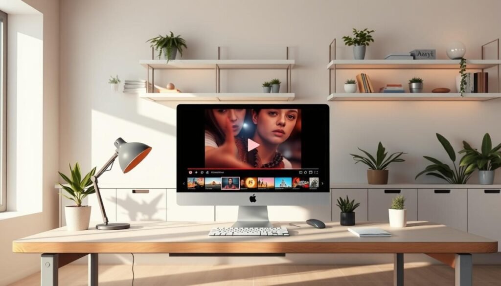 A digital illustration of a YouTube end screen, set in a stylish, modern workspace. In the foreground, an engaging layout displays customizable video thumbnails featuring vibrant visuals and images, set against a clean, minimalist background. The middle section includes a sleek computer with a YouTube video playing, casting a soft glow on the workspace. The background has elegant shelves filled with creative items like plants and books, enhancing the atmosphere. Use natural lighting to create a warm, inviting mood, while the scene is captured from a slight angle to provide depth. The overall feel should be professional yet inspiring, suitable for content creators seeking effective outro visuals.