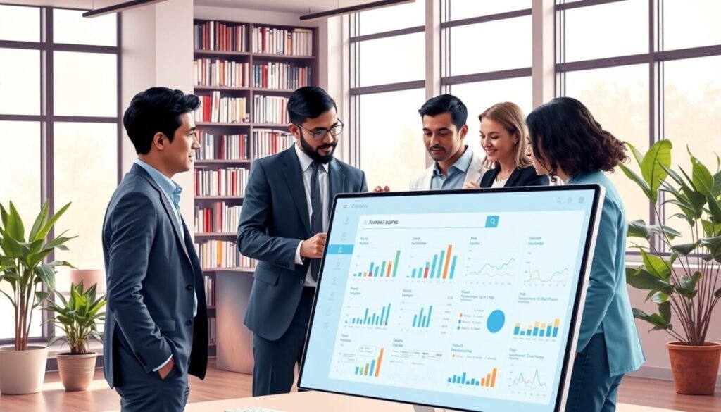 A digital illustration of a "consensus search engine" designed for academic and scientific inquiry. In the foreground, display a sleek, modern computer screen showing a sophisticated search interface, filled with graphs and data visualizations. The middle layer consists of diverse researchers, including men and women of various ethnicities, engaging collaboratively around the screen, dressed in professional business attire, actively discussing findings. The background features a contemporary office space with bookshelves filled with academic books, large windows letting in soft natural light, and potted plants, creating an inviting atmosphere. The composition is shot from a slightly elevated angle to enhance depth and focus on the dynamic interaction among the researchers. The mood is one of collaboration, innovation, and intellectual curiosity. A digital illustration of a "consensus search engine" designed for academic and scientific inquiry. In the foreground, display a sleek, modern computer screen showing a sophisticated search interface, filled with graphs and data visualizations. The middle layer consists of diverse researchers, including men and women of various ethnicities, engaging collaboratively around the screen, dressed in professional business attire, actively discussing findings. The background features a contemporary office space with bookshelves filled with academic books, large windows letting in soft natural light, and potted plants, creating an inviting atmosphere. The composition is shot from a slightly elevated angle to enhance depth and focus on the dynamic interaction among the researchers. The mood is one of collaboration, innovation, and intellectual curiosity.