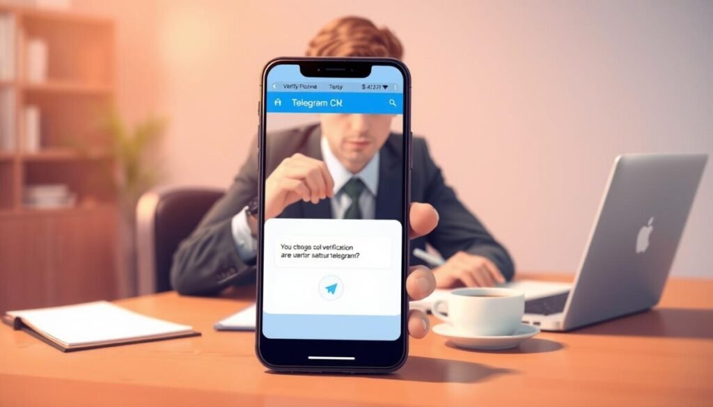 A digital illustration representing a "Telegram verification" scene. In the foreground, a smartphone displays the Telegram app interface with an active verification code screen, showcasing a clear, user-friendly layout. In the middle ground, a focused individual in professional business attire is engaged in tapping the phone, looking slightly concerned yet hopeful, showing the determination to resolve the issue. The background features a softly blurred workspace, with a laptop open next to a notebook and a cup of coffee, conveying a sense of problem-solving in a professional environment. The lighting should be warm and inviting, creating a motivating atmosphere, with a depth-of-field focus on the smartphone and the individual. A digital illustration representing a "Telegram verification" scene. In the foreground, a smartphone displays the Telegram app interface with an active verification code screen, showcasing a clear, user-friendly layout. In the middle ground, a focused individual in professional business attire is engaged in tapping the phone, looking slightly concerned yet hopeful, showing the determination to resolve the issue. The background features a softly blurred workspace, with a laptop open next to a notebook and a cup of coffee, conveying a sense of problem-solving in a professional environment. The lighting should be warm and inviting, creating a motivating atmosphere, with a depth-of-field focus on the smartphone and the individual.