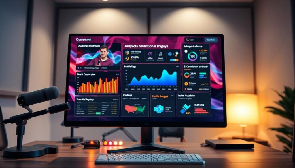 A digital workspace featuring a sleek, modern streaming setup. In the foreground, a high-resolution monitor displays a colorful, engaging audience retention overlay with dynamic graphs and metrics. The middle ground includes a neatly organized desk adorned with professional streaming equipment: a microphone, webcam, and LED lights. A virtual streaming interface showcases analytics designed for interactive audience engagement. The background reveals a cozy yet professional room, with soft ambient lighting and soundproof panels, creating a focused atmosphere. The lens perspective emphasizes depth, bringing the monitor to the forefront while the other elements subtly blur. The mood conveys productivity and creativity, inviting viewers to improve their streaming experience.
