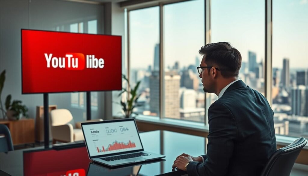 A digital workspace featuring two distinct branding elements: a YouTube handle displayed prominently next to a traditional channel name, both in vibrant colors on sleek digital screens. In the foreground, a professional individual in business attire contemplates these elements, reflecting a sense of introspection and strategy. The middle layer includes modern office furniture with a stylish laptop opened, showing graphs and analytics related to brand identity, emphasizing the importance of unique identifiers. In the background, a city skyline through a large window suggests growth and ambition, with soft, natural lighting pouring in, creating a warm and inspiring atmosphere. The overall mood is focused and professional, underscoring the significance of branding in the digital age. A digital workspace featuring two distinct branding elements: a YouTube handle displayed prominently next to a traditional channel name, both in vibrant colors on sleek digital screens. In the foreground, a professional individual in business attire contemplates these elements, reflecting a sense of introspection and strategy. The middle layer includes modern office furniture with a stylish laptop opened, showing graphs and analytics related to brand identity, emphasizing the importance of unique identifiers. In the background, a city skyline through a large window suggests growth and ambition, with soft, natural lighting pouring in, creating a warm and inspiring atmosphere. The overall mood is focused and professional, underscoring the significance of branding in the digital age.