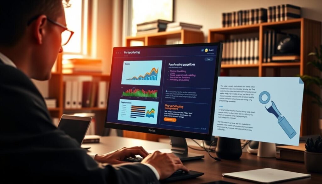 A digital workspace scene featuring a sleek, modern paraphrasing tool interface displayed on a high-resolution computer screen. In the foreground, a professional in a crisp business suit is intently focused on typing, conveying concentration and engagement. The middle layer features the screen illuminated by soft, warm lighting, showcasing vibrant graphs and paraphrasing suggestions characterized by colorful, flowing text. In the background, a well-organized bookshelf filled with reference books and a visual representation of a polishing tool subtly hint at the theme of accuracy and reliability. The atmosphere is focused and professional, with natural light streaming through a window, creating a welcoming, productive environment that emphasizes the importance of reliable tools in writing. The angle captures the depth of the workspace while keeping the central focus on the paraphrasing tool.