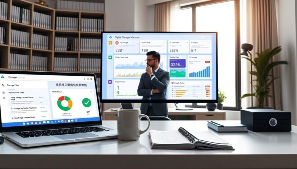 A digital workspace scene illustrating the theme of resolving storage discrepancies. In the foreground, a clear, organized desk with a laptop open, displaying a Google Drive interface showing hidden files, and a pie chart indicating storage usage. A stylish coffee mug and a notepad with a checklist are placed beside the laptop. In the middle, an illuminated large monitor featuring colorful graphs and alerts for storage issues, with a person in professional business attire thoughtfully analyzing data. The background includes a bookshelf filled with digital storage manuals and a large window letting in soft, natural light. The mood is focused and productive, conveying a sense of urgency and clarity. The camera angle is slightly above the desk, providing a comprehensive view of the workspace.