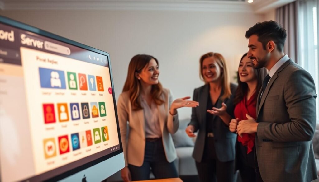A digital workspace scene showcasing a computer screen displaying a Discord server interface. In the foreground, vibrant icons represent private channels, guarded by a padlock symbol. In the middle ground, a diverse group of three professionals, two women and one man, are engaged in animated discussion; they are dressed in smart casual attire. One is gesturing towards the screen while the others look intrigued, emphasizing teamwork in a monetizing strategy. In the background, a softly lit room with contemporary décor gives a cozy yet professional atmosphere. Warm lighting casts gentle shadows, and the angle captures the screen and participants in a way that feels inclusive and collaborative. The mood is one of innovation and excitement, reflecting the potential of private channels for community growth.