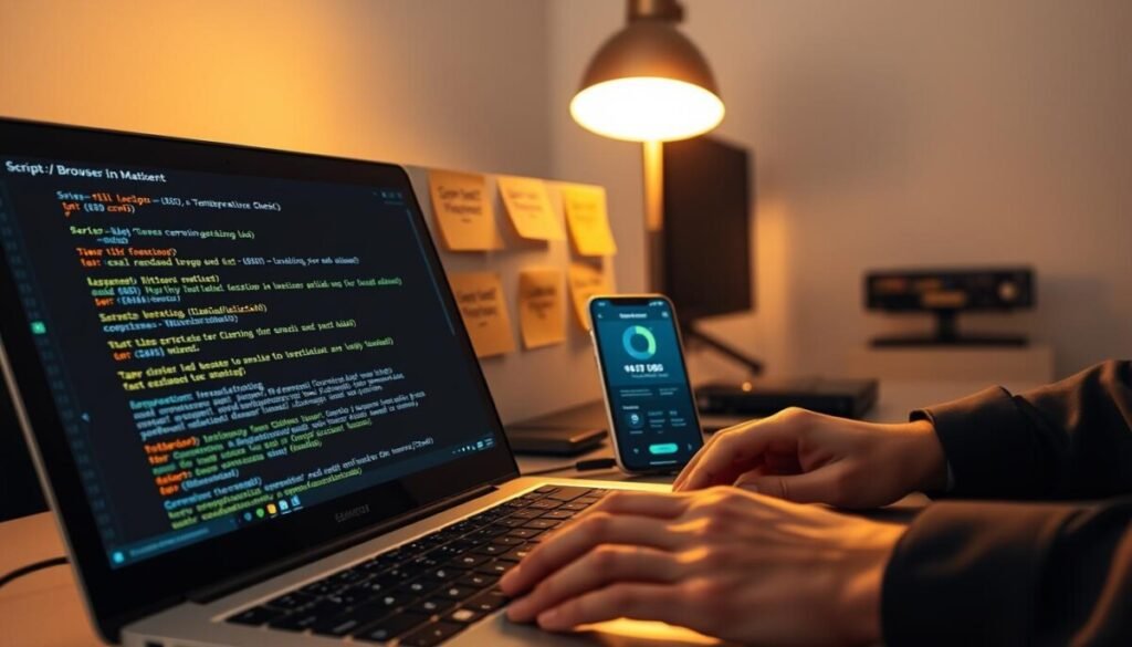 A digital workspace showcasing a computer screen displaying browser scripts related to cryptocurrency mining. In the foreground, an open laptop with a coding interface, highlighting script lines that appear complex yet intriguing, while a pair of hands in professional attire are typing on the keyboard. The middle ground features sticky notes with hashtags like "Script Management" and "Performance Check," alongside a smartphone showing a temperature monitor app, indicating slight overheating. The background is an office setting with a subtle glow from a desk lamp, casting soft shadows to create a focused yet intense atmosphere. The lighting is warm and inviting, suggesting urgency in managing potential issues with browser-based mining, conveying a serious but proactive mood. Use a standard camera angle to capture the scene in a balanced manner.