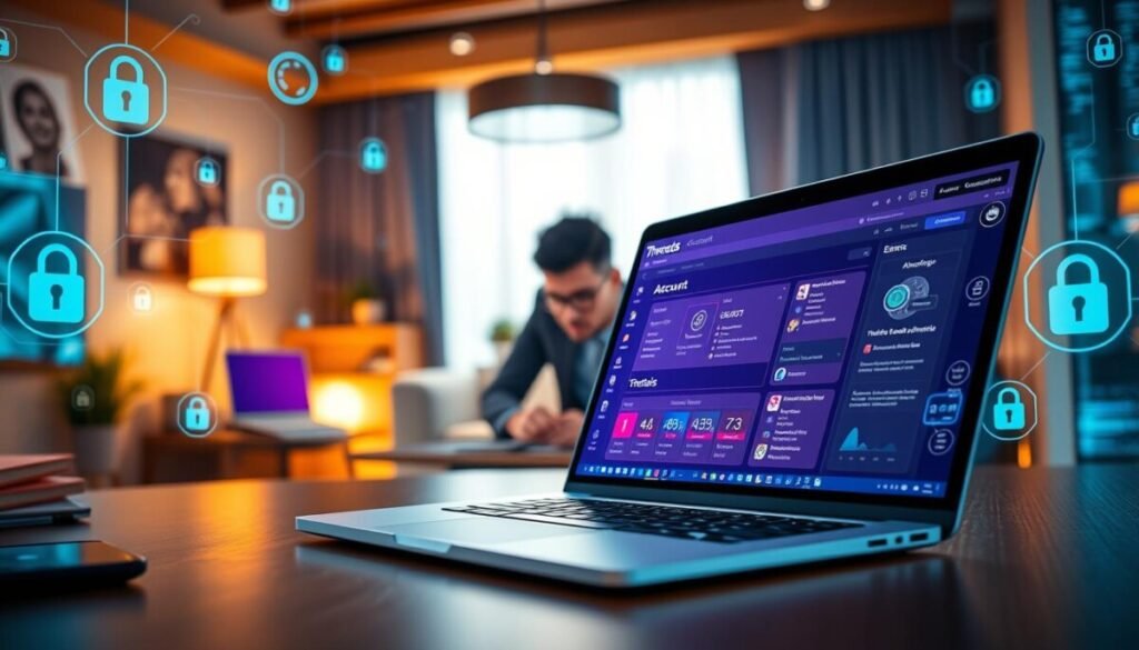 A digital workspace showcasing a high-tech desktop environment focusing on a "Threads account" interface. In the foreground, a sleek laptop displays a vibrant and informative dashboard for managing authentication and security protocols, surrounded by futuristic digital elements like padlocks and encrypted symbols. The middle ground features a focused professional in smart casual attire, deeply engaged with the interface, exuding concentration and determination. In the background, a softly illuminated room with modern decor and ambient lighting creates a tech-savvy atmosphere. Use warm, inviting colors contrasted with cool tech blues for a balanced mood, emphasizing innovation and security. The scene captures a sense of empowerment and professionalism, showcasing the intricacies of API automation while ensuring visual clarity and focus on the main subject. A digital workspace showcasing a high-tech desktop environment focusing on a "Threads account" interface. In the foreground, a sleek laptop displays a vibrant and informative dashboard for managing authentication and security protocols, surrounded by futuristic digital elements like padlocks and encrypted symbols. The middle ground features a focused professional in smart casual attire, deeply engaged with the interface, exuding concentration and determination. In the background, a softly illuminated room with modern decor and ambient lighting creates a tech-savvy atmosphere. Use warm, inviting colors contrasted with cool tech blues for a balanced mood, emphasizing innovation and security. The scene captures a sense of empowerment and professionalism, showcasing the intricacies of API automation while ensuring visual clarity and focus on the main subject.