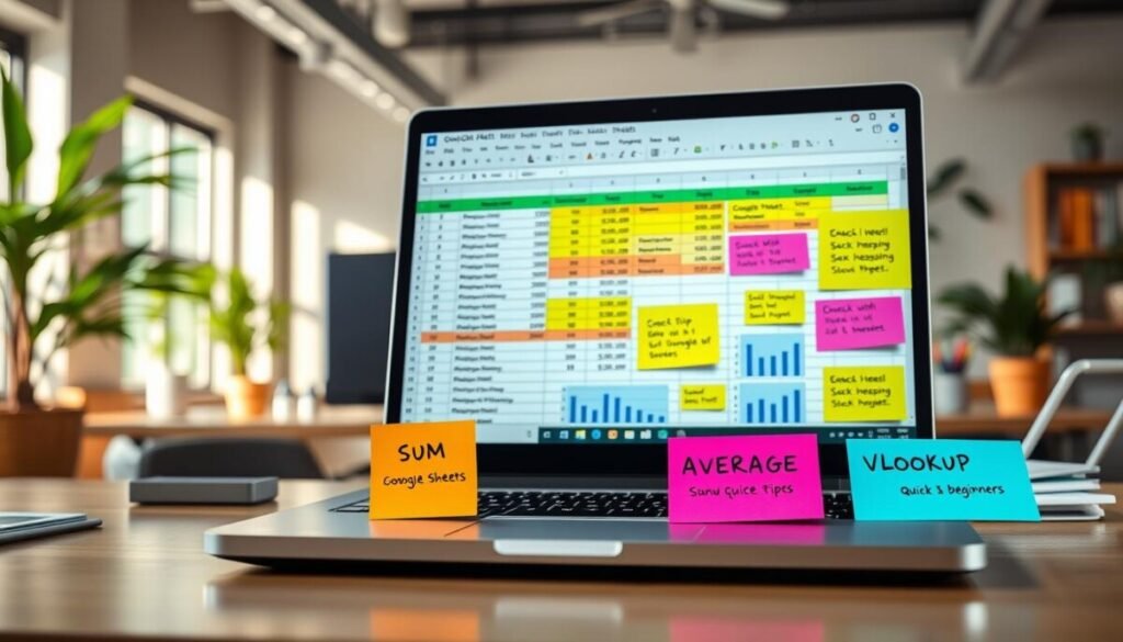 A digital workspace showcasing a stylized Google Sheets interface filled with colorful, vibrant formulas and functions. In the foreground, three prominent formulas are highlighted: SUM, AVERAGE, and VLOOKUP, depicted in a clear, visually engaging manner. The middle section features a modern laptop displaying a sheet with highlighted entries and graphs, alongside colorful sticky notes with quick tips for beginners. In the background, an office environment with soft natural lighting streaming through a window, plants, and a desk with stationery creates a productive mood. Use a soft-focus lens effect to emphasize the foreground and create depth. The atmosphere is collaborative and inspiring, embodying a sense of learning and efficacy in a tech-savvy workspace.