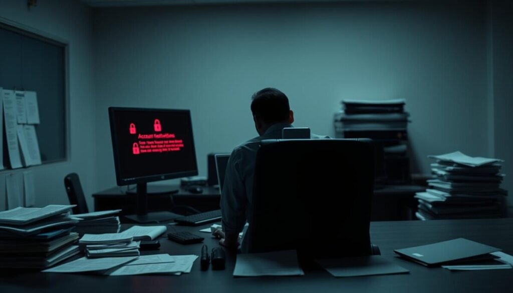 A dimly lit office environment serves as the backdrop, symbolizing a sense of caution and restriction. In the foreground, a shadowy figure sits at a desk, their posture conveying concern, as they face a computer screen emitting an ominous red glow. The screen displays vague error messages symbolizing account restrictions, while icons of a lock and warning sign are subtly visible. Stacks of paperwork and digital devices surrounding the figure hint at a chaotic attempt to understand restrictions. The mood is tense yet focused, with low-key lighting casting shadows that emphasize the uncertain atmosphere of being restricted online. The perspective is slightly angled, enhancing the feeling of being trapped in a digital maze.