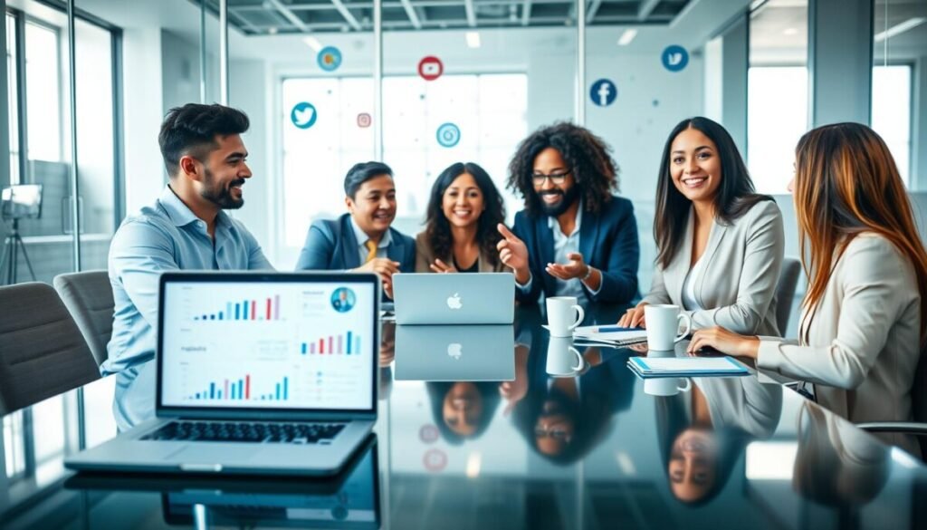 A diverse group of four professionals engaged in a brainstorming session around a sleek, modern conference table, symbolizing monetization strategies for a digital platform. The foreground features a laptop displaying analytics and charts about audience engagement, with coffee cups and notepads scattered around. In the middle, enthusiastic discussions are taking place, showcasing a blend of diverse ethnicities and genders, all in professional attire. The background depicts a glass wall adorned with relevant social media icons, while natural light filters in through windows, creating an inspiring ambiance. Capture the scene with a shallow depth of field to accentuate the group dynamics, highlighting determination and creativity. The mood reflects collaboration and innovation, aimed at harnessing monetization potential in the digital age. A diverse group of four professionals engaged in a brainstorming session around a sleek, modern conference table, symbolizing monetization strategies for a digital platform. The foreground features a laptop displaying analytics and charts about audience engagement, with coffee cups and notepads scattered around. In the middle, enthusiastic discussions are taking place, showcasing a blend of diverse ethnicities and genders, all in professional attire. The background depicts a glass wall adorned with relevant social media icons, while natural light filters in through windows, creating an inspiring ambiance. Capture the scene with a shallow depth of field to accentuate the group dynamics, highlighting determination and creativity. The mood reflects collaboration and innovation, aimed at harnessing monetization potential in the digital age.