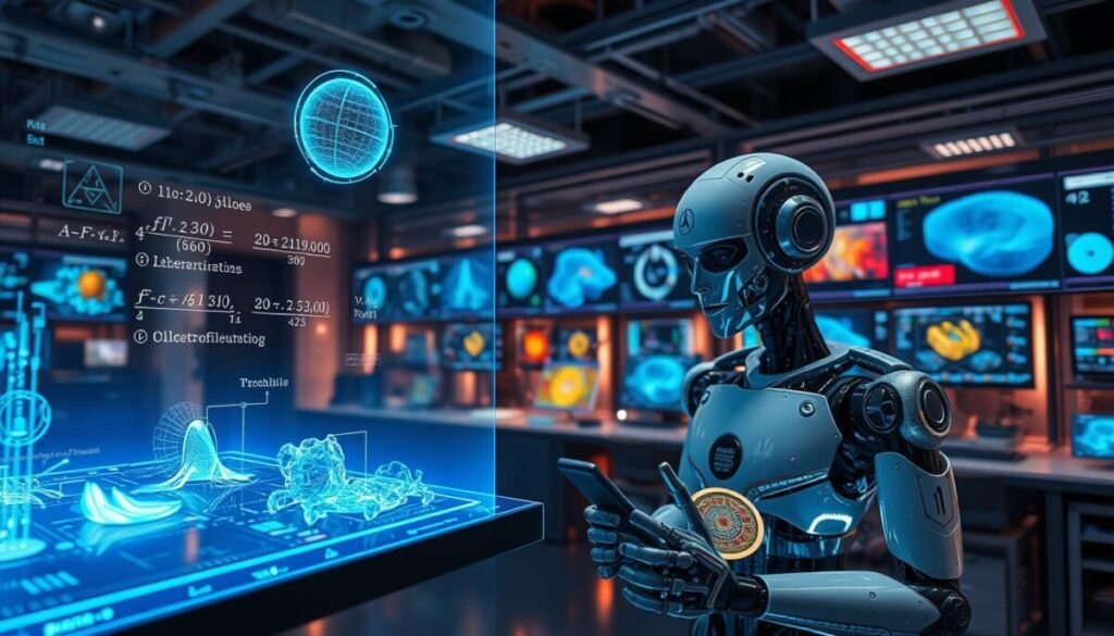 A dynamic and captivating scene depicting the concept of "physics realism" in modern AI models. In the foreground, a futuristic interface displays holographic representations of physical equations and simulations, illuminated by an ethereal blue glow. In the middle ground, an AI robot analyzes various 3D models of complex physical phenomena, such as fluid dynamics and particle collisions, showcasing detailed textures and vibrant colors. The background features a high-tech laboratory filled with screens displaying real-time data and visualizations, with soft, ambient lighting casting gentle reflections. The atmosphere is immersive and intellectually stimulating, evoking a sense of curiosity and innovation, captured from a wide-angle perspective to showcase the comprehensive interplay of technology and physics in action.