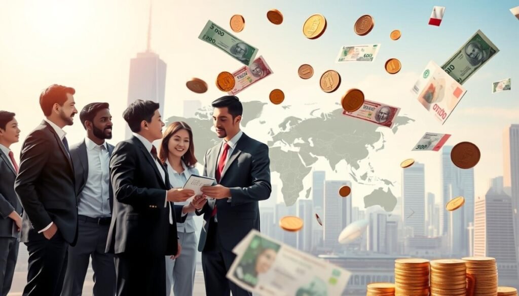 A dynamic and professional illustration of global currencies, with banknotes and coins from various countries floating in mid-air, representing the concept of currency support. In the foreground, a diverse group of business professionals, dressed in smart attire, are engaged in a discussion, examining a digital device showing currency exchange rates. In the middle ground, a world map subtly integrated, with highlighted regions indicating major currencies being supported. The background features a series of skyscrapers, alluding to global finance, under a bright and optimistic daytime sky. Soft, warm lighting enhances the mood of collaboration and possibility, while a slightly elevated angle gives a perspective of growth and expansion within the financial landscape. A dynamic and professional illustration of global currencies, with banknotes and coins from various countries floating in mid-air, representing the concept of currency support. In the foreground, a diverse group of business professionals, dressed in smart attire, are engaged in a discussion, examining a digital device showing currency exchange rates. In the middle ground, a world map subtly integrated, with highlighted regions indicating major currencies being supported. The background features a series of skyscrapers, alluding to global finance, under a bright and optimistic daytime sky. Soft, warm lighting enhances the mood of collaboration and possibility, while a slightly elevated angle gives a perspective of growth and expansion within the financial landscape.