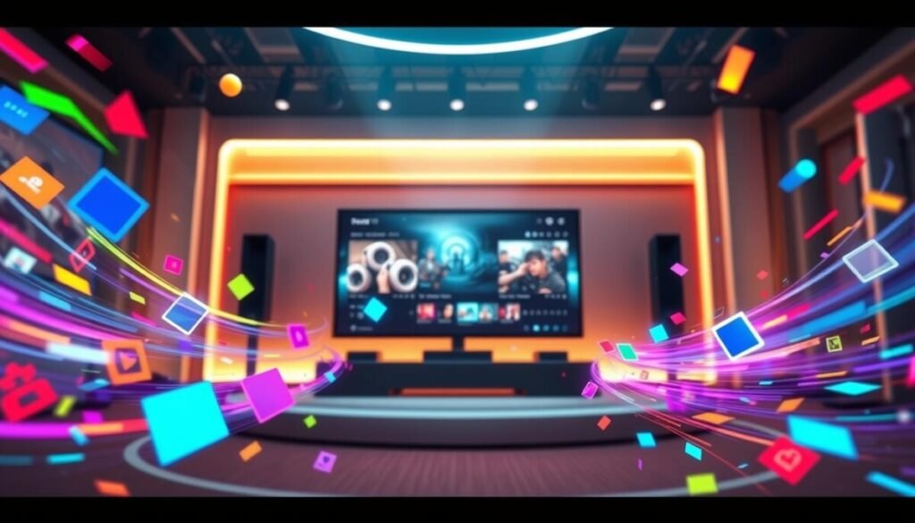 A dynamic and visually striking scene showcasing animated overlays for live streaming platforms like Twitch and YouTube. In the foreground, vibrant animated elements such as colorful graphics, icons representing alerts (like followers or donations), and dynamic transitions swirl around in a captivating 3D space. The middle layer features an elegantly designed streaming interface that highlights animated transitions and captivating visuals that draw the viewer's eye. The background showcases a subtle gaming environment or studio setting, complete with soft, ambient lighting that creates a warm and inviting atmosphere. The angle is slightly tilted to provide depth, emphasizing movement and engagement. The mood is energetic yet professional, underscoring the importance of animation in enhancing viewer experience without any distractions like text or logos.