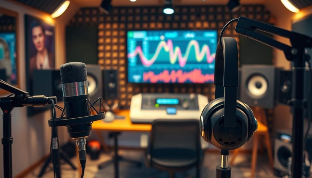 A dynamic audio studio scene that showcases the essence of sound optimization, featuring sleek, high-quality microphones and headphones in the foreground. In the middle ground, display an acoustic foam wall designed to minimize sound reflections, paired with a digital audio workstation screen displaying vibrant waveforms to indicate active sound processing. The background should depict a cozy, modern workspace with soft lighting that creates a warm and inviting atmosphere, reflecting a creative environment. Use a slight depth of field effect to draw attention to the equipment while keeping the background blurred. The mood should be focused and inspirational, highlighting the importance of sound quality in a professional audio experience. No people are present in the image, ensuring a clean, distraction-free focus on the audio equipment. A dynamic audio studio scene that showcases the essence of sound optimization, featuring sleek, high-quality microphones and headphones in the foreground. In the middle ground, display an acoustic foam wall designed to minimize sound reflections, paired with a digital audio workstation screen displaying vibrant waveforms to indicate active sound processing. The background should depict a cozy, modern workspace with soft lighting that creates a warm and inviting atmosphere, reflecting a creative environment. Use a slight depth of field effect to draw attention to the equipment while keeping the background blurred. The mood should be focused and inspirational, highlighting the importance of sound quality in a professional audio experience. No people are present in the image, ensuring a clean, distraction-free focus on the audio equipment.