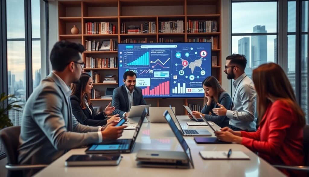 A dynamic digital workspace showcasing strategic social media planning for branding. In the foreground, a diverse group of professionals in smart business attire collaborate around a sleek, modern table filled with devices like tablets and laptops. They are engaged in animated discussion, analyzing a large digital screen displaying vibrant graphs, statistics, and interconnected social media icons. In the middle ground, a stylish bookshelf is filled with marketing textbooks and industry magazines, enhancing the theme of knowledge and strategy. The background features a large window with a city skyline, symbolizing ambition and growth. Soft, warm lighting creates an inviting atmosphere, while a slight depth of field adds focus to the team’s interaction, conveying a mood of inspiration and innovation. A dynamic digital workspace showcasing strategic social media planning for branding. In the foreground, a diverse group of professionals in smart business attire collaborate around a sleek, modern table filled with devices like tablets and laptops. They are engaged in animated discussion, analyzing a large digital screen displaying vibrant graphs, statistics, and interconnected social media icons. In the middle ground, a stylish bookshelf is filled with marketing textbooks and industry magazines, enhancing the theme of knowledge and strategy. The background features a large window with a city skyline, symbolizing ambition and growth. Soft, warm lighting creates an inviting atmosphere, while a slight depth of field adds focus to the team’s interaction, conveying a mood of inspiration and innovation.