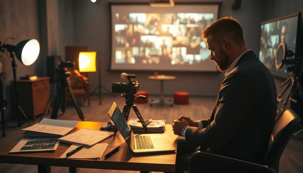 A dynamic film set interior showcasing a beautifully arranged cinematic workspace. In the foreground, a professional filmmaker in business attire meticulously reviews footage on a laptop, surrounded by storyboards and a notepad filled with notes for a video shoot. The middle ground features sophisticated film equipment, such as a high-definition camera on a tripod, a softbox light diffusing warm, golden light, and a color palette of rich blacks and deep reds that add depth to the scene. In the background, a soft-focus projection screen displays a visually striking montage of cinematic clips, enhancing the ambiance. The overall atmosphere exudes creativity and inspiration, with dramatic shadows and highlights that evoke a sense of artistry in storytelling, perfect for discussing cinematic language in video production. A dynamic film set interior showcasing a beautifully arranged cinematic workspace. In the foreground, a professional filmmaker in business attire meticulously reviews footage on a laptop, surrounded by storyboards and a notepad filled with notes for a video shoot. The middle ground features sophisticated film equipment, such as a high-definition camera on a tripod, a softbox light diffusing warm, golden light, and a color palette of rich blacks and deep reds that add depth to the scene. In the background, a soft-focus projection screen displays a visually striking montage of cinematic clips, enhancing the ambiance. The overall atmosphere exudes creativity and inspiration, with dramatic shadows and highlights that evoke a sense of artistry in storytelling, perfect for discussing cinematic language in video production.