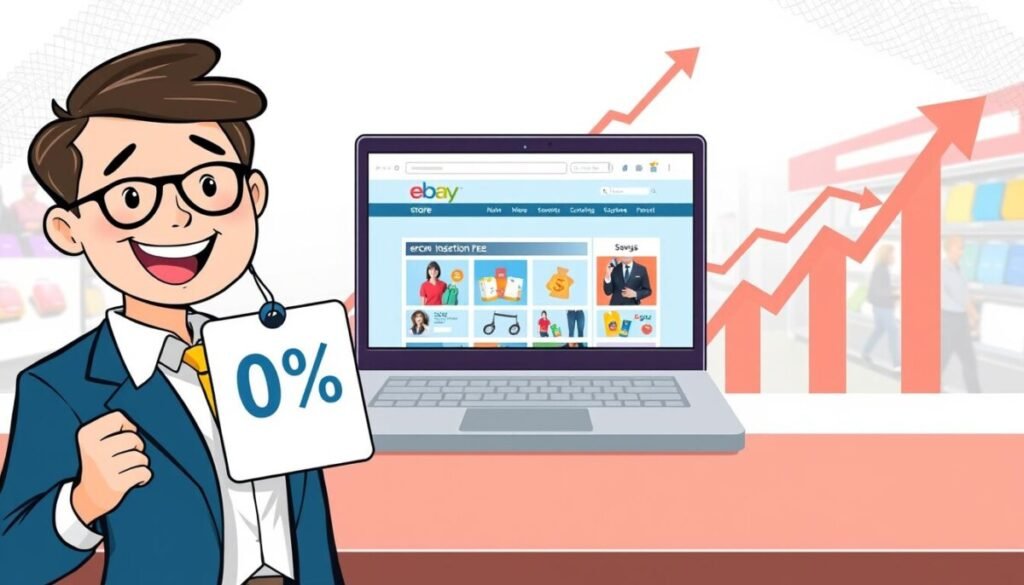 A dynamic illustration conveying the concept of "zero insertion fee" in the context of online selling. In the foreground, depict a cheerful, professional-looking business person dressed in business attire, holding a large, symbolic tag with the phrase “0%” prominently displayed. The middle ground features an open laptop displaying an eBay store interface, with vibrant product images showcased on the screen, indicating an active selling environment. In the background, suggest a bustling marketplace or a digital graphic representing financial growth, with arrows pointing upwards to signify savings and profitability. Use soft, diffused lighting to create a welcoming atmosphere, accentuating the positive mood of financial success, and capture the scene from a slightly elevated angle to provide depth and perspective.
