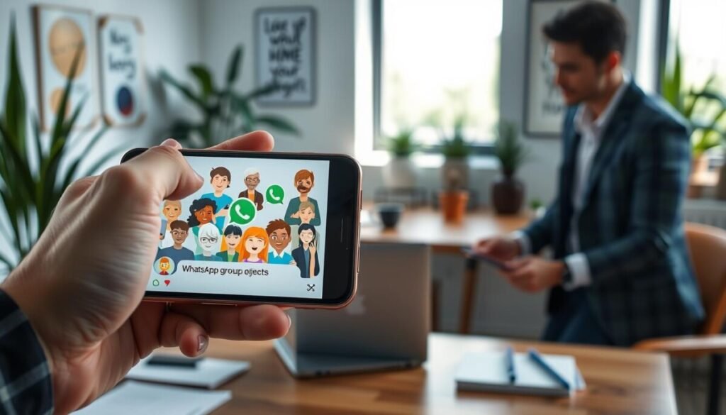 A dynamic scene depicting a virtual WhatsApp group chat interface displayed on a smartphone, held in the foreground by a person in professional attire. The group chat screen shows diverse animated avatars of individuals engaged in collaborative discussions about managing projects. In the middle ground, a cozy, well-lit workspace captures an inviting atmosphere with a laptop and stationery, suggesting productivity and teamwork. The background features a blurred office setting with plants and motivational posters, emphasizing a professional yet approachable environment. Soft, natural lighting enhances the warm feel of the image, while a slight over-the-shoulder angle focusing on the phone adds depth and perspective, conveying a sense of connection and collaboration among team members. A dynamic scene depicting a virtual WhatsApp group chat interface displayed on a smartphone, held in the foreground by a person in professional attire. The group chat screen shows diverse animated avatars of individuals engaged in collaborative discussions about managing projects. In the middle ground, a cozy, well-lit workspace captures an inviting atmosphere with a laptop and stationery, suggesting productivity and teamwork. The background features a blurred office setting with plants and motivational posters, emphasizing a professional yet approachable environment. Soft, natural lighting enhances the warm feel of the image, while a slight over-the-shoulder angle focusing on the phone adds depth and perspective, conveying a sense of connection and collaboration among team members.