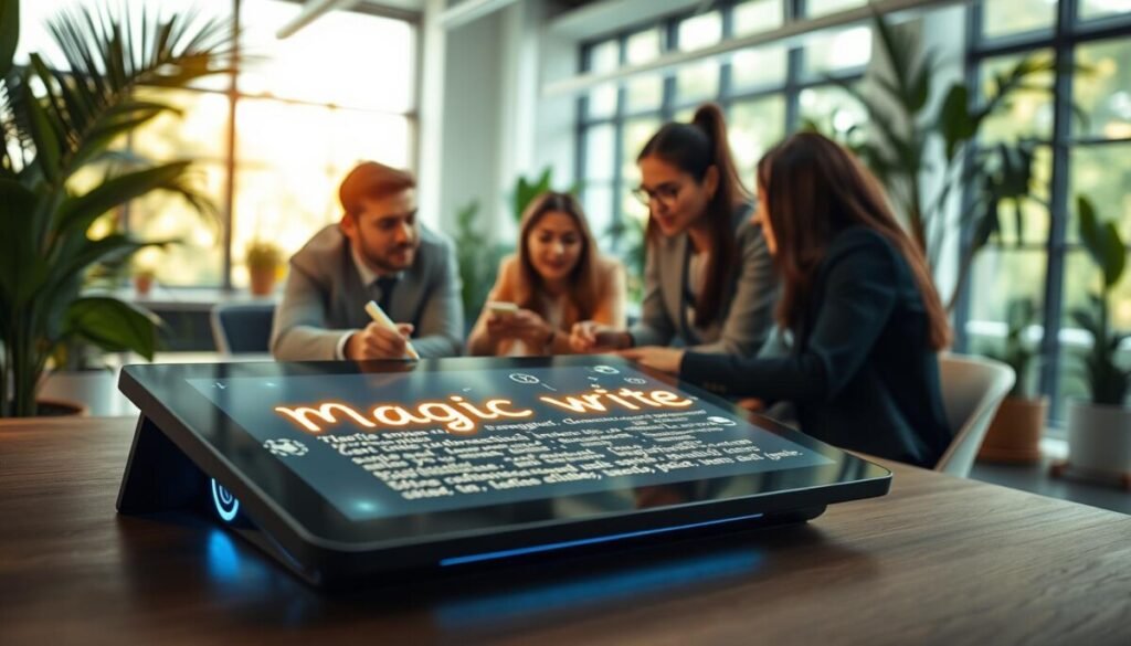 A dynamic scene showcasing "magic write" in an enchanting workspace. In the foreground, a sleek, futuristic writing tablet displays glowing text and swirling symbols that represent AI-generated suggestions. In the middle ground, a diverse group of three professionals in smart casual attire collaboratively brainstorm around a table, their faces illuminated by the soft, warm glow from the screen. The background features a modern, airy office filled with plants and large windows letting in natural light, creating an uplifting atmosphere. The mood is inspired and focused, emphasizing the synergy between human creativity and AI assistance. The scene should have a shallow depth of field, focusing on the writers and the glowing tablet, giving a sense of magic and innovation in enhancing written content. A dynamic scene showcasing "magic write" in an enchanting workspace. In the foreground, a sleek, futuristic writing tablet displays glowing text and swirling symbols that represent AI-generated suggestions. In the middle ground, a diverse group of three professionals in smart casual attire collaboratively brainstorm around a table, their faces illuminated by the soft, warm glow from the screen. The background features a modern, airy office filled with plants and large windows letting in natural light, creating an uplifting atmosphere. The mood is inspired and focused, emphasizing the synergy between human creativity and AI assistance. The scene should have a shallow depth of field, focusing on the writers and the glowing tablet, giving a sense of magic and innovation in enhancing written content.