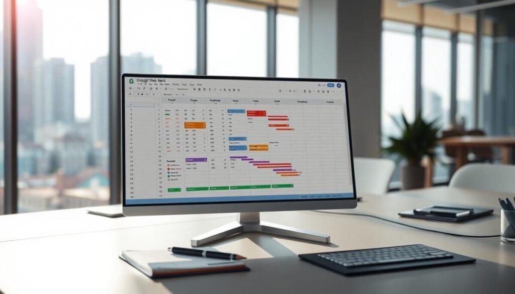 A dynamic, visually engaging scene depicting a Google Sheets interface on a sleek desktop screen. The foreground features an open spreadsheet displaying colorful data charts and organized project timelines, with cells filled with numbers and highlighted rows. The middle layer includes a modern, minimalistic office desk arranged neatly, dotted with office supplies like a notepad and pens. In the background, soft natural light filters in through a large window, creating a bright and inviting atmosphere. A blurred view of city buildings can be seen outside, adding a professional urban feel. The overall mood is one of productivity and organization, reflecting a tech-savvy workspace ideal for analyzing data and managing projects effectively. A dynamic, visually engaging scene depicting a Google Sheets interface on a sleek desktop screen. The foreground features an open spreadsheet displaying colorful data charts and organized project timelines, with cells filled with numbers and highlighted rows. The middle layer includes a modern, minimalistic office desk arranged neatly, dotted with office supplies like a notepad and pens. In the background, soft natural light filters in through a large window, creating a bright and inviting atmosphere. A blurred view of city buildings can be seen outside, adding a professional urban feel. The overall mood is one of productivity and organization, reflecting a tech-savvy workspace ideal for analyzing data and managing projects effectively.