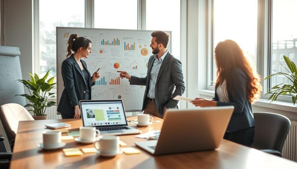 A dynamic workspace scene focused on advanced content strategy tactics, featuring a diverse team of three professionals engaged in brainstorming. In the foreground, a woman in a smart blazer sketches ideas on a digital tablet, while a man in business casual attire points to a whiteboard filled with colorful charts and graphs. In the middle ground, a laptop displays analytics data, with post-it notes and coffee cups scattered on the table. The background includes large windows with bright natural light filtering through, casting soft shadows across the room. The atmosphere is energetic and collaborative, emphasizing innovation and strategic planning. The image should have a clean and modern aesthetic, with a wide-angle perspective that captures the teamwork. A dynamic workspace scene focused on advanced content strategy tactics, featuring a diverse team of three professionals engaged in brainstorming. In the foreground, a woman in a smart blazer sketches ideas on a digital tablet, while a man in business casual attire points to a whiteboard filled with colorful charts and graphs. In the middle ground, a laptop displays analytics data, with post-it notes and coffee cups scattered on the table. The background includes large windows with bright natural light filtering through, casting soft shadows across the room. The atmosphere is energetic and collaborative, emphasizing innovation and strategic planning. The image should have a clean and modern aesthetic, with a wide-angle perspective that captures the teamwork.