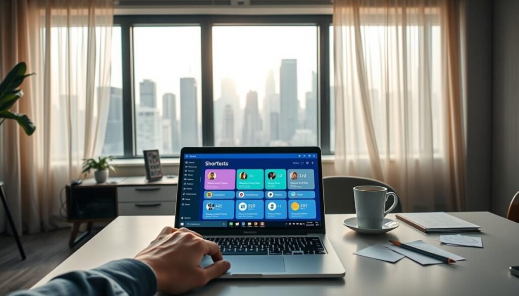 A dynamic workspace scene illustrating "Quick AI shortcuts" for workflow optimization. In the foreground, a sleek laptop displays a vibrant dashboard featuring AI applications and shortcut icons, with a user's hands poised above the keyboard, suggesting engagement. The middle ground includes a modern desk with minimalist design, featuring an elegant coffee cup and scattered notes for a touch of creativity. In the background, a window shows a tech-inspired skyline, illuminated by soft, natural daylight filtering through sheer curtains, enhancing focus and productivity. The atmosphere is energetic yet organized, evoking a sense of efficiency and innovation, captured from a slightly elevated angle to emphasize the entire workspace. A dynamic workspace scene illustrating "Quick AI shortcuts" for workflow optimization. In the foreground, a sleek laptop displays a vibrant dashboard featuring AI applications and shortcut icons, with a user's hands poised above the keyboard, suggesting engagement. The middle ground includes a modern desk with minimalist design, featuring an elegant coffee cup and scattered notes for a touch of creativity. In the background, a window shows a tech-inspired skyline, illuminated by soft, natural daylight filtering through sheer curtains, enhancing focus and productivity. The atmosphere is energetic yet organized, evoking a sense of efficiency and innovation, captured from a slightly elevated angle to emphasize the entire workspace.