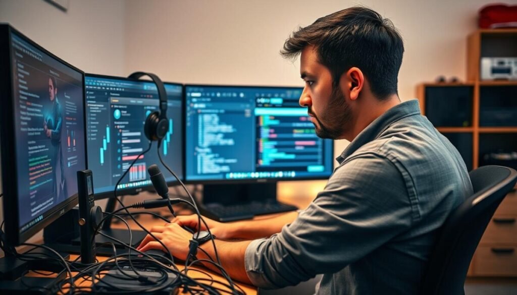 A focused computer technician seated at a desk, wearing modest casual clothing, is deeply engaged in resolving visual and audio configuration issues on a dual-monitor setup. The foreground features detailed elements like a gaming headset, microphone, and a tangle of cables surrounding the technician, symbolizing the complexity of the task. In the middle ground, the monitors display intricate software interfaces, with colorful widgets and settings menus related to visual and audio adjustments. The background subtly shows a well-organized home office space, illuminated by soft, warm lighting that creates a calm, focused atmosphere. The scene conveys a sense of technical expertise and problem-solving, with an emphasis on clarity and organization. The image captures the essence of troubleshooting in a professional, engaging manner. A focused computer technician seated at a desk, wearing modest casual clothing, is deeply engaged in resolving visual and audio configuration issues on a dual-monitor setup. The foreground features detailed elements like a gaming headset, microphone, and a tangle of cables surrounding the technician, symbolizing the complexity of the task. In the middle ground, the monitors display intricate software interfaces, with colorful widgets and settings menus related to visual and audio adjustments. The background subtly shows a well-organized home office space, illuminated by soft, warm lighting that creates a calm, focused atmosphere. The scene conveys a sense of technical expertise and problem-solving, with an emphasis on clarity and organization. The image captures the essence of troubleshooting in a professional, engaging manner.