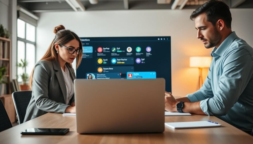 A focused, modern workspace featuring a well-organized desk with a stylish laptop displaying colorful notification alerts from both Discord and Slack. In the foreground, a diverse group of three professionals in business attire—one female and two male—are discussing the notifications with expressions of concentration and collaboration. The middle ground shows a large monitor with icon-esque notifications and vibrant colors symbolizing various alerts, emphasizing the action of managing multiple channels. In the background, a softly lit office space with shelves of books and plants adds a cozy touch. The scene is illuminated with warm, natural lighting from a window, creating an inviting and productive atmosphere. The angle is slightly above eye level, capturing the dynamic interaction among colleagues. A focused, modern workspace featuring a well-organized desk with a stylish laptop displaying colorful notification alerts from both Discord and Slack. In the foreground, a diverse group of three professionals in business attire—one female and two male—are discussing the notifications with expressions of concentration and collaboration. The middle ground shows a large monitor with icon-esque notifications and vibrant colors symbolizing various alerts, emphasizing the action of managing multiple channels. In the background, a softly lit office space with shelves of books and plants adds a cozy touch. The scene is illuminated with warm, natural lighting from a window, creating an inviting and productive atmosphere. The angle is slightly above eye level, capturing the dynamic interaction among colleagues.