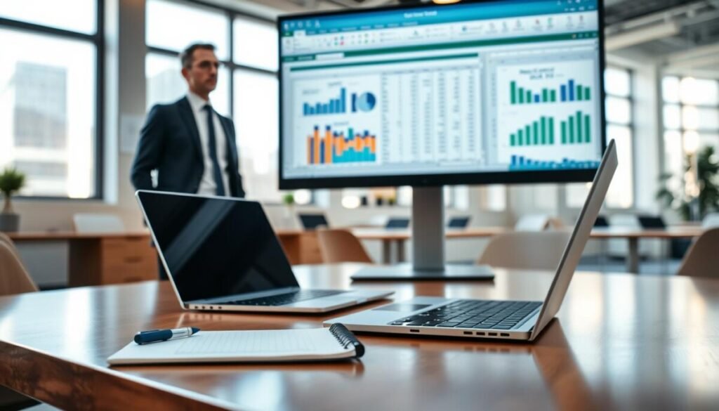 A focused office scene depicting a business professional, dressed in smart attire, standing in front of a large computer screen filled with colorful Excel Pivot Table data. In the foreground, a sleek laptop and notepad are placed neatly on a polished wooden desk, showing charts and summarized data visuals. In the middle ground, the computer screen displays dynamic graphs and figures illustrating the summarization of data, with colors like blue and green for clarity. The background features a softly blurred modern office environment with natural light streaming through large windows, creating an inviting atmosphere. The overall mood is professional and educational, emphasizing efficiency and organization in data management. The angle is slightly tilted, capturing both the screen and the engaged professional, promoting a sense of active learning. A focused office scene depicting a business professional, dressed in smart attire, standing in front of a large computer screen filled with colorful Excel Pivot Table data. In the foreground, a sleek laptop and notepad are placed neatly on a polished wooden desk, showing charts and summarized data visuals. In the middle ground, the computer screen displays dynamic graphs and figures illustrating the summarization of data, with colors like blue and green for clarity. The background features a softly blurred modern office environment with natural light streaming through large windows, creating an inviting atmosphere. The overall mood is professional and educational, emphasizing efficiency and organization in data management. The angle is slightly tilted, capturing both the screen and the engaged professional, promoting a sense of active learning.