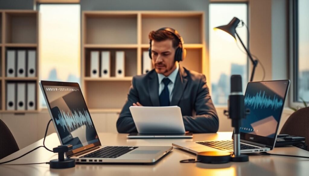 A focused office setting emphasizing participant confidentiality in research. In the foreground, a modern laptop and high-quality microphone on a sleek desk, with audio waveforms visually represented on the screen. In the middle, a professional researcher, dressed in a business suit, is intently listening to audio recordings through headphones, showcasing the importance of data security. In the background, clean shelves filled with closed folders and a soft-focus window revealing a tranquil cityscape, suggesting a thoughtful, private atmosphere. The lighting is warm and inviting, coming from a desk lamp that casts gentle shadows, creating a serious yet calm mood. The image captures the essence of confidentiality in audio and video research. A focused office setting emphasizing participant confidentiality in research. In the foreground, a modern laptop and high-quality microphone on a sleek desk, with audio waveforms visually represented on the screen. In the middle, a professional researcher, dressed in a business suit, is intently listening to audio recordings through headphones, showcasing the importance of data security. In the background, clean shelves filled with closed folders and a soft-focus window revealing a tranquil cityscape, suggesting a thoughtful, private atmosphere. The lighting is warm and inviting, coming from a desk lamp that casts gentle shadows, creating a serious yet calm mood. The image captures the essence of confidentiality in audio and video research.