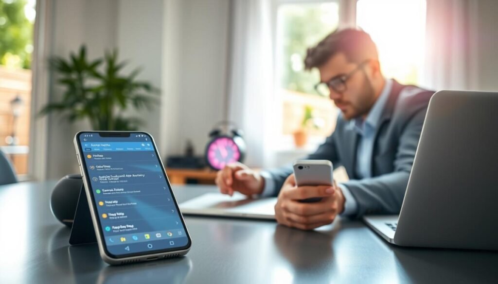 A focused, professional individual sits at a sleek modern desk, using a smartphone. The man, dressed in a smart casual outfit, is analyzing app performance metrics on a laptop next to him. In the foreground, his smartphone screen displays a settings menu highlighting background app activity management. The middle ground features a well-organized workspace with a digital clock showing the time in vivid colors, emphasizing a tech-savvy vibe. The background is softly blurred, revealing a sunlit room with a window open to a garden, creating a warm atmosphere. Gentle sunlight filters in, adding a bright, optimistic mood while emphasizing the importance of keeping devices cool. The image captures the balance between technology and a calm environment, encouraging efficiency in app management. A focused, professional individual sits at a sleek modern desk, using a smartphone. The man, dressed in a smart casual outfit, is analyzing app performance metrics on a laptop next to him. In the foreground, his smartphone screen displays a settings menu highlighting background app activity management. The middle ground features a well-organized workspace with a digital clock showing the time in vivid colors, emphasizing a tech-savvy vibe. The background is softly blurred, revealing a sunlit room with a window open to a garden, creating a warm atmosphere. Gentle sunlight filters in, adding a bright, optimistic mood while emphasizing the importance of keeping devices cool. The image captures the balance between technology and a calm environment, encouraging efficiency in app management.