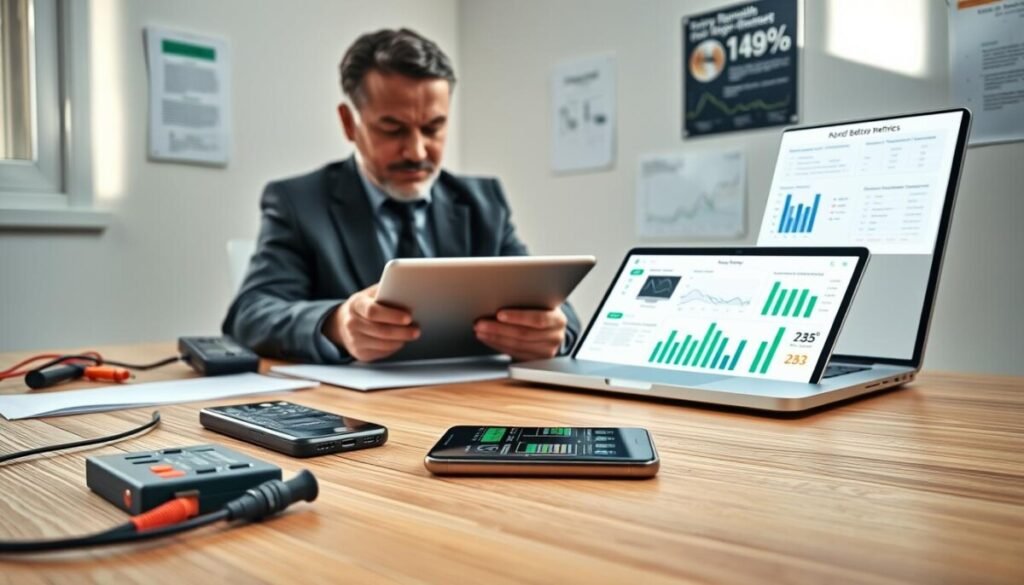 A focused, professional setting depicting a smartphone on a sleek wooden desk, surrounded by a few tools like a multimeter and diagnostic software running on a laptop screen. In the foreground, there’s a middle-aged man in business attire analyzing the phone’s battery metrics on a tablet, showing deep concentration. The middle layer highlights an open laptop with graphs and performance data displayed, while charts hang on the walls, presenting battery health statistics. Soft, ambient lighting creates a calm and analytical atmosphere, with natural light streaming in from a window, casting gentle shadows. The scene conveys a sense of professionalism and expertise in technology management. A focused, professional setting depicting a smartphone on a sleek wooden desk, surrounded by a few tools like a multimeter and diagnostic software running on a laptop screen. In the foreground, there’s a middle-aged man in business attire analyzing the phone’s battery metrics on a tablet, showing deep concentration. The middle layer highlights an open laptop with graphs and performance data displayed, while charts hang on the walls, presenting battery health statistics. Soft, ambient lighting creates a calm and analytical atmosphere, with natural light streaming in from a window, casting gentle shadows. The scene conveys a sense of professionalism and expertise in technology management.