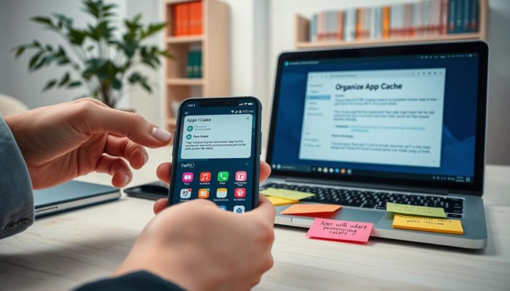 A focused scene depicting a professional workspace where a smartphone and a laptop are both displaying app management interfaces. In the foreground, a hand is gently tapping the update button on a smartphone with a clear screen showing several app icons, indicating software updates in progress. The middle ground features a laptop with an organizing app cache window open, alongside colorful post-it notes detailing tips for managing updates and cache. The background includes a soft-lit room with a potted plant and a bookshelf filled with tech manuals, creating a calm atmosphere. The lighting is bright but not harsh, suggesting a productive environment. The angle is slightly angled from above, giving depth to the scene and emphasizing the technology in use. A focused scene depicting a professional workspace where a smartphone and a laptop are both displaying app management interfaces. In the foreground, a hand is gently tapping the update button on a smartphone with a clear screen showing several app icons, indicating software updates in progress. The middle ground features a laptop with an organizing app cache window open, alongside colorful post-it notes detailing tips for managing updates and cache. The background includes a soft-lit room with a potted plant and a bookshelf filled with tech manuals, creating a calm atmosphere. The lighting is bright but not harsh, suggesting a productive environment. The angle is slightly angled from above, giving depth to the scene and emphasizing the technology in use.