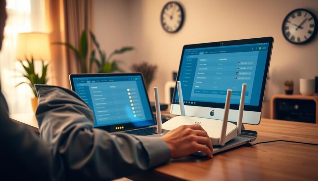 A focused scene depicting an individual in professional attire sitting at a modern desk, intently adjusting a router's settings on a laptop. The foreground features the laptop displaying a configuration interface with network settings like channels, bandwidth, and security options illuminated on the screen. In the middle, the router is prominently placed, showcasing blinking lights that indicate connectivity. The background includes a cozy, well-lit home office atmosphere, featuring potted plants and a wall clock, hinting at a serene workspace. Soft, warm lighting bathes the scene, creating an inviting feel, while a shallow depth of field emphasizes the person engaged in optimizing their network settings, alluding to a tech-savvy environment suitable for gamers.