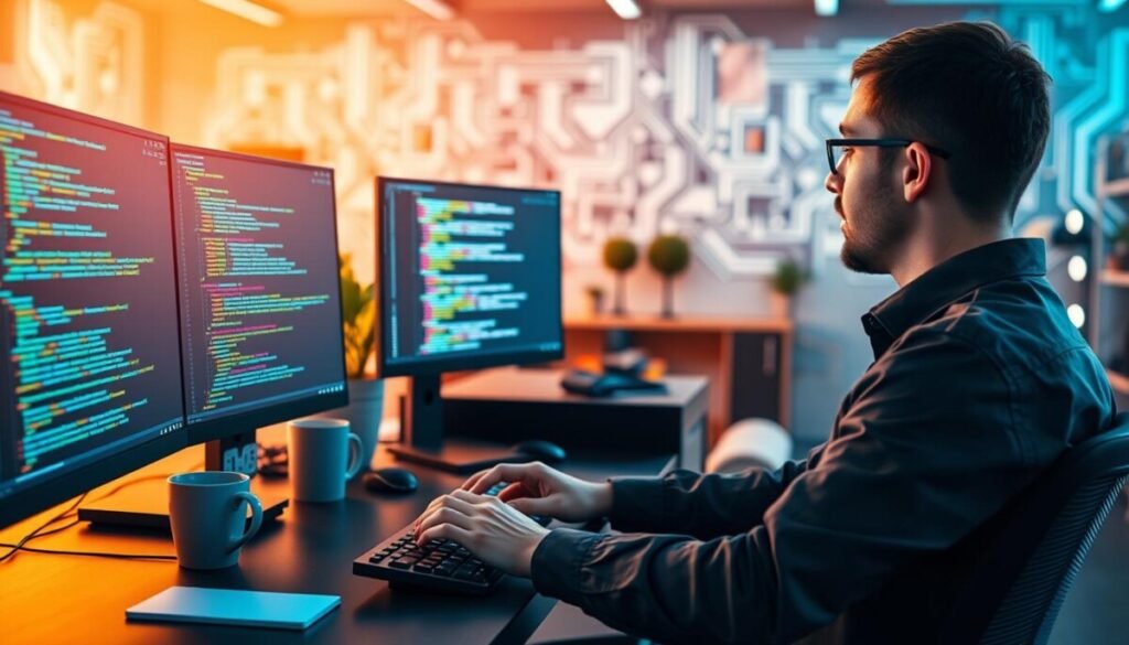 A focused software developer in professional attire, seated at a modern workstation, is intently debugging complex code on multiple screens displaying colorful lines of programming language. The foreground showcases the developer's hands typing rapidly on a sleek keyboard, with code snippets illuminated on their monitors. In the middle ground, the workspace is organized, featuring a stylish desk, a potted plant, and a coffee mug, enhancing the productivity vibe. The background fades into a soft blur of a tech-inspired workspace with abstract tech patterns on the walls, bathed in warm, focused lighting from above. The atmosphere conveys a sense of concentration and innovation, emphasizing the advanced features utilized in code development. A focused software developer in professional attire, seated at a modern workstation, is intently debugging complex code on multiple screens displaying colorful lines of programming language. The foreground showcases the developer's hands typing rapidly on a sleek keyboard, with code snippets illuminated on their monitors. In the middle ground, the workspace is organized, featuring a stylish desk, a potted plant, and a coffee mug, enhancing the productivity vibe. The background fades into a soft blur of a tech-inspired workspace with abstract tech patterns on the walls, bathed in warm, focused lighting from above. The atmosphere conveys a sense of concentration and innovation, emphasizing the advanced features utilized in code development.