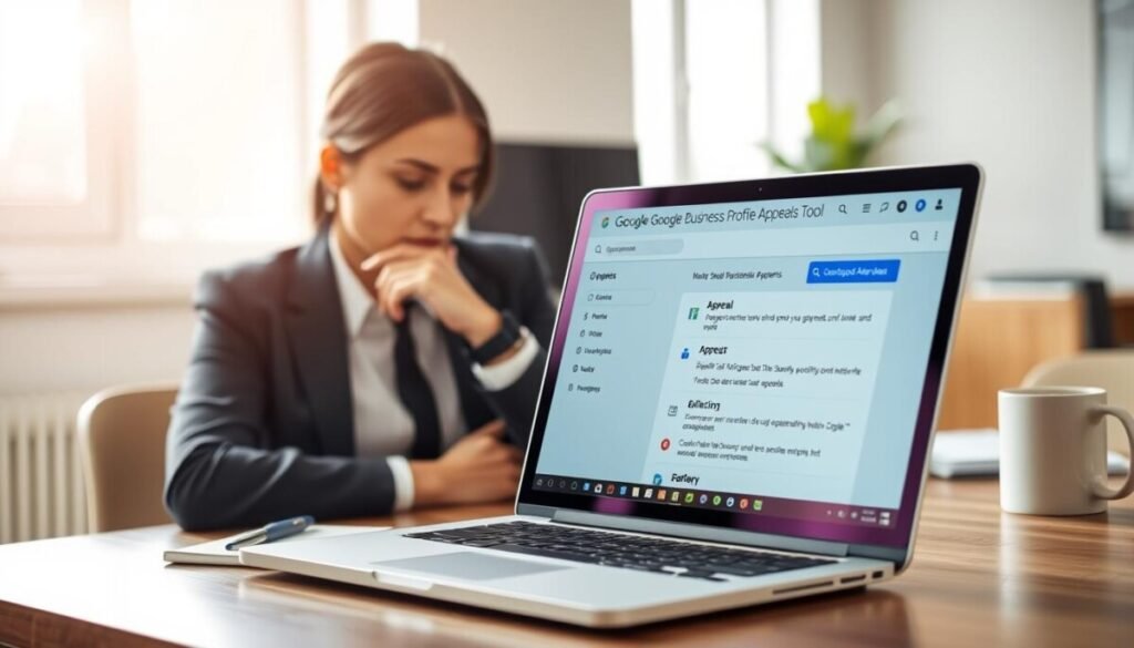 A focused workspace featuring a sleek laptop displaying the Google Business Profile Appeals Tool interface, prominently showcasing various appeal options in a clean, user-friendly layout. In the foreground, a professional person dressed in business attire is thoughtfully examining the screen, with a subtle expression of concentration. In the middle, a tidy desk with a notebook, pen, and a coffee mug reflects a productive atmosphere. The background includes a softly blurred office setting with bright natural light streaming in through a window, creating a warm and inviting mood. Use a shallow depth of field to emphasize the foreground elements while maintaining a bright and airy feel, evoking a sense of determination and clarity in navigating the appeals process. A focused workspace featuring a sleek laptop displaying the Google Business Profile Appeals Tool interface, prominently showcasing various appeal options in a clean, user-friendly layout. In the foreground, a professional person dressed in business attire is thoughtfully examining the screen, with a subtle expression of concentration. In the middle, a tidy desk with a notebook, pen, and a coffee mug reflects a productive atmosphere. The background includes a softly blurred office setting with bright natural light streaming in through a window, creating a warm and inviting mood. Use a shallow depth of field to emphasize the foreground elements while maintaining a bright and airy feel, evoking a sense of determination and clarity in navigating the appeals process.