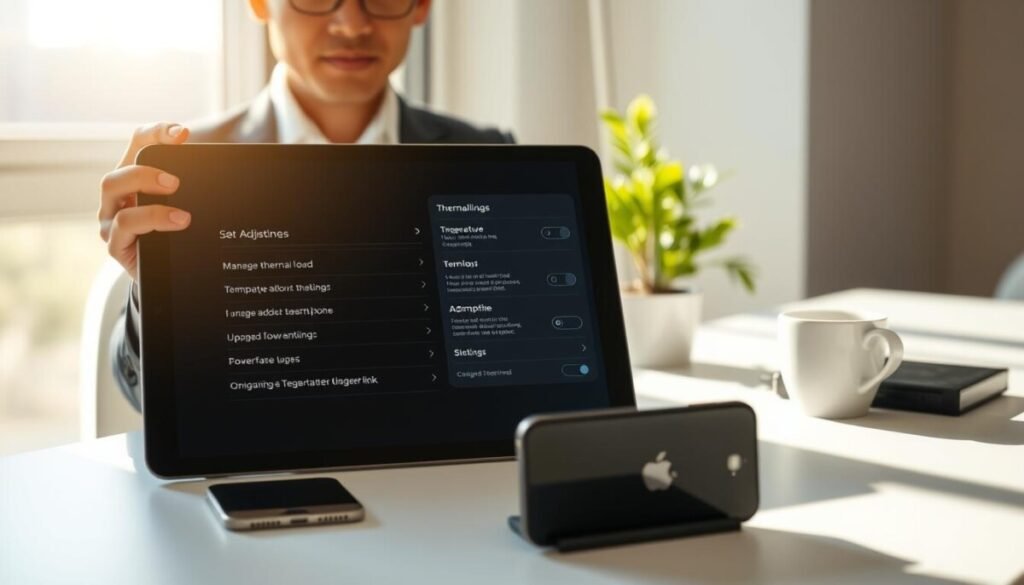 A focused workspace showcasing a sleek digital interface on a tablet screen, displaying various settings adjustments related to managing thermal load on a smartphone. In the foreground, a professional, ethnically ambiguous individual in a smart casual outfit is interacting with the device, tapping on temperature and power-saving options. The middle ground features a modern desk setup with a charging iPhone, a cup of coffee, and a potted plant, adding a touch of warmth. The background is softly blurred, revealing a window with gentle daylight pouring in, creating a calm and productive atmosphere. The lighting is natural, casting subtle shadows, emphasizing the tech-savvy environment while maintaining a clean, organized look. A focused workspace showcasing a sleek digital interface on a tablet screen, displaying various settings adjustments related to managing thermal load on a smartphone. In the foreground, a professional, ethnically ambiguous individual in a smart casual outfit is interacting with the device, tapping on temperature and power-saving options. The middle ground features a modern desk setup with a charging iPhone, a cup of coffee, and a potted plant, adding a touch of warmth. The background is softly blurred, revealing a window with gentle daylight pouring in, creating a calm and productive atmosphere. The lighting is natural, casting subtle shadows, emphasizing the tech-savvy environment while maintaining a clean, organized look.
