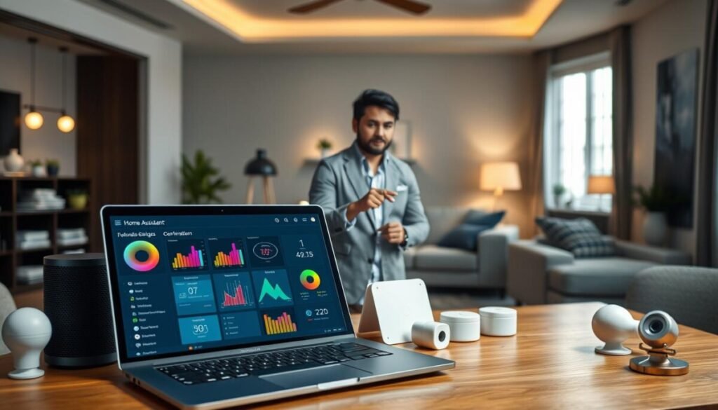 A focused workspace showcasing a smart home automation setup. In the foreground, a sleek laptop displays an open Home Assistant dashboard with colorful graphs and automation controls. Beside it, a smart speaker and various home automation devices like light bulbs, a thermostat, and a security camera are neatly arranged. In the middle, a person dressed in smart casual attire explains features to a colleague, pointing at the laptop screen. The background shows a modern living room with ambient lighting and smart devices integrated throughout, creating a harmonious atmosphere. The room is well-lit with soft natural light coming through the window, highlighting the technology. The mood is productive and innovative, emphasizing mastery of home automation.