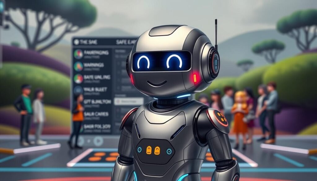 A friendly, futuristic moderation bot stands confidently in the foreground, designed with sleek metallic surfaces and bright LED accents. Its expressive digital face displays a welcoming smile, conveying a sense of trust and safety. The middle ground features a virtual chat interface, with colorful icons representing moderation tools like bans, warnings, and analytics. In the background, a vibrant digital landscape simulates a safe online community with avatars of diverse users interacting peacefully. Soft, diffused lighting highlights the bot's details, while a slight low-angle perspective emphasizes its importance as a guardian of the digital space. The atmosphere is reassuring and optimistic, showcasing technology as a positive influence in community management. A friendly, futuristic moderation bot stands confidently in the foreground, designed with sleek metallic surfaces and bright LED accents. Its expressive digital face displays a welcoming smile, conveying a sense of trust and safety. The middle ground features a virtual chat interface, with colorful icons representing moderation tools like bans, warnings, and analytics. In the background, a vibrant digital landscape simulates a safe online community with avatars of diverse users interacting peacefully. Soft, diffused lighting highlights the bot's details, while a slight low-angle perspective emphasizes its importance as a guardian of the digital space. The atmosphere is reassuring and optimistic, showcasing technology as a positive influence in community management.