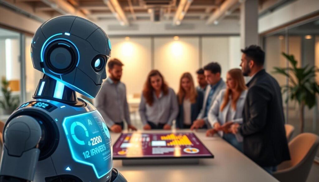 A futuristic AI-powered Discord bot with a sleek, glowing interface, depicted in the foreground. It features holographic elements showcasing fluctuating data and vibrant charts, symbolizing its intelligence and capability. In the middle ground, a diverse group of people, dressed in professional and casual attire, is engaged in a brainstorming session around a digital workspace, illustrating collaboration and creativity. Behind them, a modern office environment is illuminated with soft, ambient lighting, creating a warm and productive atmosphere. The scene is captured through a wide-angle lens, emphasizing the interaction between the bot and its users, evoking a sense of innovation and community growth, with a focus on teamwork and advanced technology. A futuristic AI-powered Discord bot with a sleek, glowing interface, depicted in the foreground. It features holographic elements showcasing fluctuating data and vibrant charts, symbolizing its intelligence and capability. In the middle ground, a diverse group of people, dressed in professional and casual attire, is engaged in a brainstorming session around a digital workspace, illustrating collaboration and creativity. Behind them, a modern office environment is illuminated with soft, ambient lighting, creating a warm and productive atmosphere. The scene is captured through a wide-angle lens, emphasizing the interaction between the bot and its users, evoking a sense of innovation and community growth, with a focus on teamwork and advanced technology.