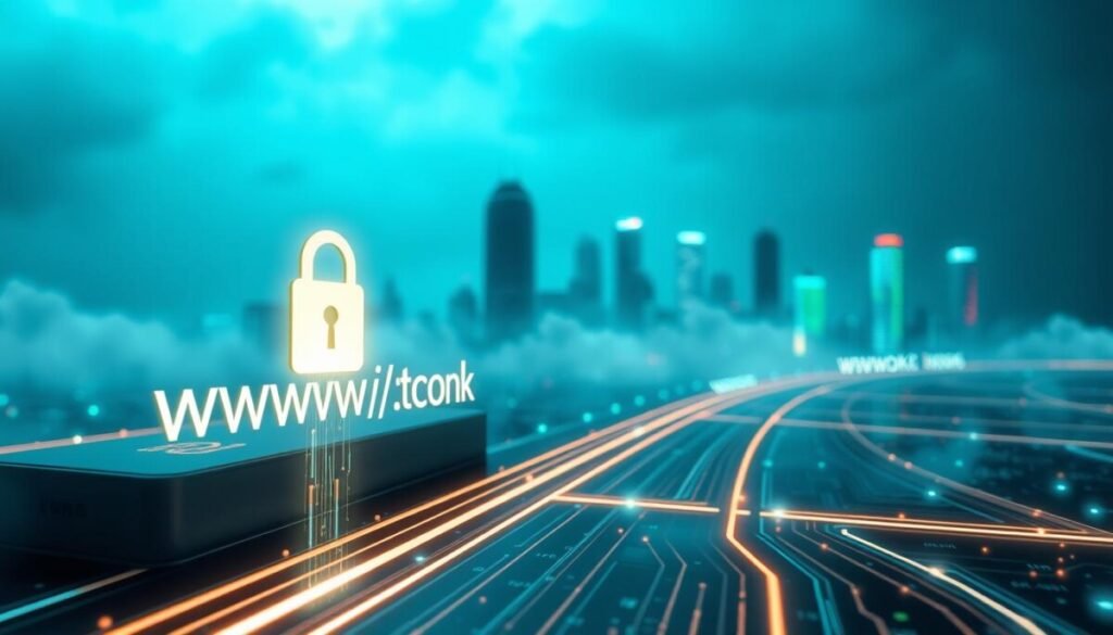 A futuristic digital landscape featuring a glowing webhook URL displayed prominently in the foreground, resembling a shining data stream cascading from a secure server icon. In the middle ground, data packets travel along interconnected lines, symbolizing encrypted communication paths amidst a network of virtual nodes. The background showcases a city skyline made of circuits and binary code, subtly illuminated by soft blue and green ambient lighting, creating a high-tech atmosphere. A slight fog adds depth and intrigue to the scene, enhancing the secure and sophisticated feel. The overall mood conveys innovation and safety, emphasizing the importance of secure data transmission in modern technology. The composition is captured with a wide-angle lens perspective, inviting the viewer to explore the detailed elements of the digital world.