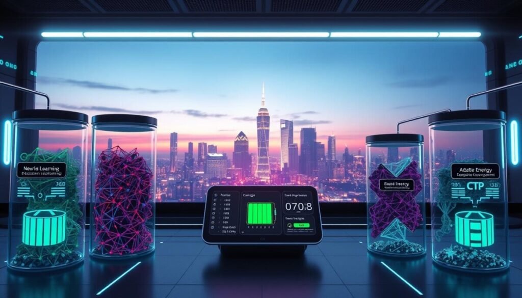 A futuristic digital workspace depicting "machine learning app buckets" in an organized flowchart style. In the foreground, clear, sleek containers labeled with various machine learning algorithms (like neural networks, decision trees, clustering) overflow with vibrant data streams. The middle ground features a high-tech interface displaying energy usage metrics and adaptive battery icons. In the background, a softly glowing city skyline symbolizes efficient energy management, under a twilight sky with gradients of blue and purple. The scene is illuminated by a cool, ambient light source, creating a calm yet innovative atmosphere, ideal for a tech-focused discussion. The perspective should be slightly angled as if viewed from above, emphasizing the interconnectedness of the elements. No text or watermarks should be included.