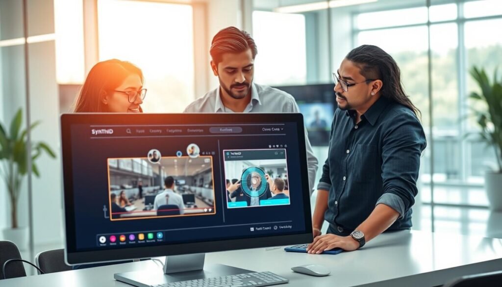 A futuristic digital workspace featuring a diverse group of professionals engaged in a video verification process. In the foreground, a sleek computer screen displays a vibrant SynthID interface with animated graphics indicating content authenticity. The middle ground includes two focused individuals, a Black woman in a smart business suit and a South Asian man in a casual yet professional shirt, reviewing video content together. The background reveals a high-tech office setting with large windows, soft natural light streaming in, and futuristic design elements. The atmosphere is collaborative and innovative, emphasizing the importance of trust in digital content. The scene is shot from a slightly elevated angle, providing a comprehensive view of the workspace.