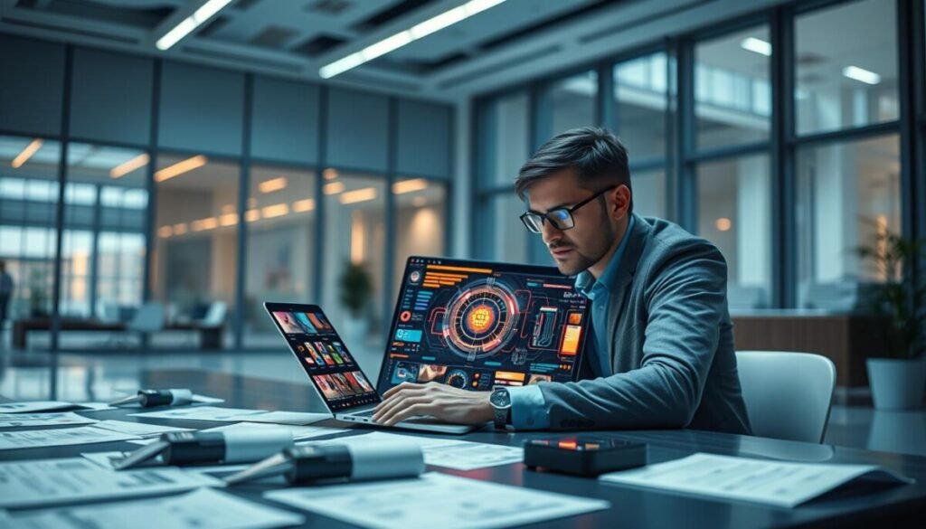 A futuristic digital workspace illustrating the limitations of AI design tools. In the foreground, a focused professional in smart casual attire analyzes a complex AI interface on a sleek laptop, displaying vibrant design elements and visual glitches. In the middle ground, various digital design drafts scatter around, showcasing the contrast between creative ideas and AI-generated outputs. The background features a softly lit modern office environment with large windows, filtering in warm natural light, and a minimalist aesthetic. The atmosphere feels contemplative and innovative, highlighting the challenges and considerations in harnessing AI for design. Use a wide-angle lens for depth, creating a sense of immersion. A futuristic digital workspace illustrating the limitations of AI design tools. In the foreground, a focused professional in smart casual attire analyzes a complex AI interface on a sleek laptop, displaying vibrant design elements and visual glitches. In the middle ground, various digital design drafts scatter around, showcasing the contrast between creative ideas and AI-generated outputs. The background features a softly lit modern office environment with large windows, filtering in warm natural light, and a minimalist aesthetic. The atmosphere feels contemplative and innovative, highlighting the challenges and considerations in harnessing AI for design. Use a wide-angle lens for depth, creating a sense of immersion.