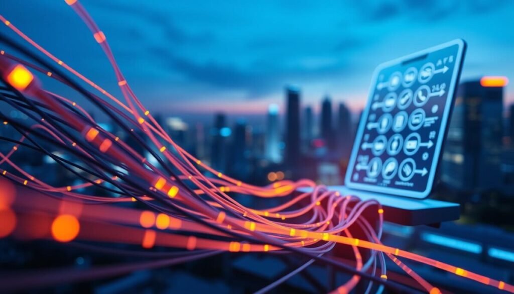 A futuristic network connectivity scene showcasing digital connections. In the foreground, a close-up view of intricately woven fiber optic cables illuminated with vibrant, flowing lights, suggesting high-speed data transmission. The middle ground features a sleek, abstract representation of a computer or smartphone screen displaying various connection icons, highlighting network troubleshooting. In the background, a softly blurred city skyline at dusk, with glowing towers symbolizing digital infrastructure and connectivity. The overall lighting is a cool blue with hints of neon colors, conveying a sense of urgency and modernity. The perspective is slightly angled to create depth, enhancing the feeling of dynamic movement within the network. The mood is one of technical precision and problem-solving. A futuristic network connectivity scene showcasing digital connections. In the foreground, a close-up view of intricately woven fiber optic cables illuminated with vibrant, flowing lights, suggesting high-speed data transmission. The middle ground features a sleek, abstract representation of a computer or smartphone screen displaying various connection icons, highlighting network troubleshooting. In the background, a softly blurred city skyline at dusk, with glowing towers symbolizing digital infrastructure and connectivity. The overall lighting is a cool blue with hints of neon colors, conveying a sense of urgency and modernity. The perspective is slightly angled to create depth, enhancing the feeling of dynamic movement within the network. The mood is one of technical precision and problem-solving.