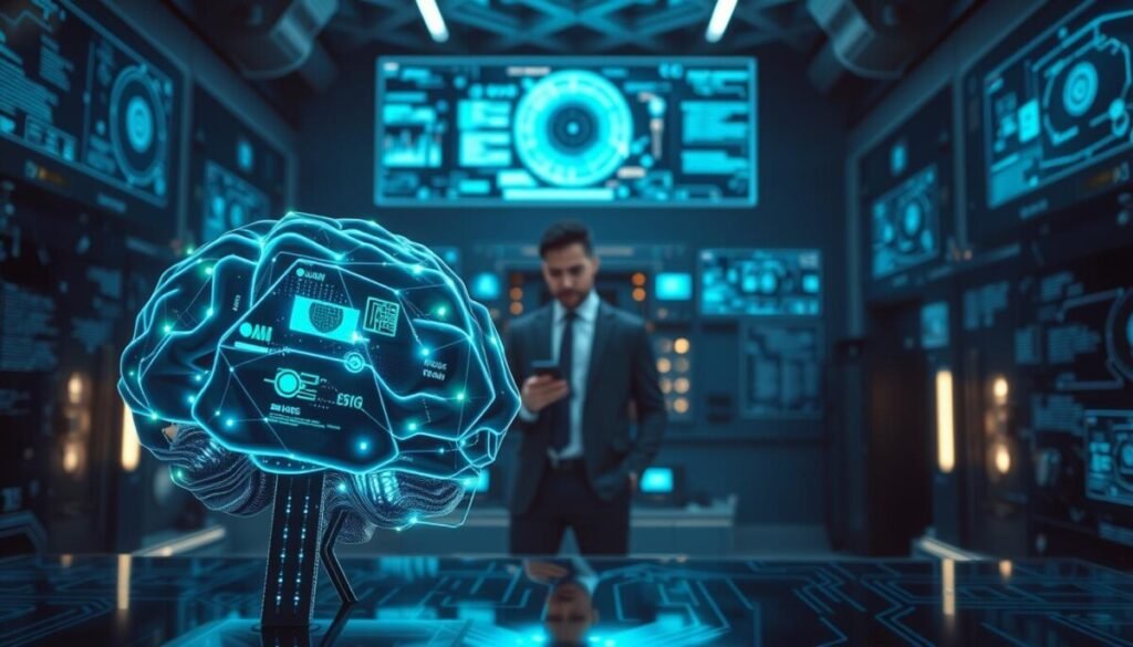 A futuristic neural engine seamlessly integrated into a high-tech workspace. In the foreground, a sleek, glowing, circuit-like brain model, shimmering with vibrant blue and green lights, representing advanced AI capabilities. The middle ground features a professional, focused individual in smart business attire, analyzing data on multiple holographic screens displaying complex algorithms and visuals. The background is a dimly lit room filled with digital displays and circuitry patterns, creating an atmosphere of innovation and cutting-edge technology. Soft, cool lighting emphasizes the high-tech environment, with a sharp focus on the neural engine, captured from a slightly elevated angle to showcase its intricate details and the human interaction with it. The overall mood is dynamic and forward-looking, highlighting the power of the DaVinci Neural Engine. A futuristic neural engine seamlessly integrated into a high-tech workspace. In the foreground, a sleek, glowing, circuit-like brain model, shimmering with vibrant blue and green lights, representing advanced AI capabilities. The middle ground features a professional, focused individual in smart business attire, analyzing data on multiple holographic screens displaying complex algorithms and visuals. The background is a dimly lit room filled with digital displays and circuitry patterns, creating an atmosphere of innovation and cutting-edge technology. Soft, cool lighting emphasizes the high-tech environment, with a sharp focus on the neural engine, captured from a slightly elevated angle to showcase its intricate details and the human interaction with it. The overall mood is dynamic and forward-looking, highlighting the power of the DaVinci Neural Engine.