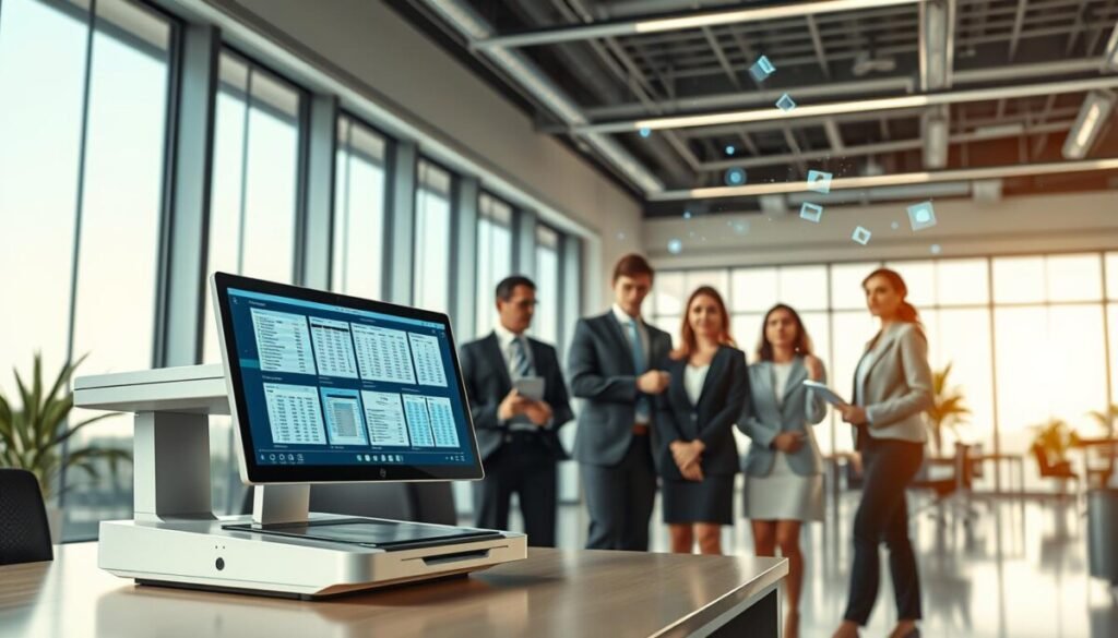 A futuristic office environment showcasing advanced OCR technology in action. In the foreground, display a sleek modern scanner and a high-resolution monitor displaying a digital interface with scanned documents transforming into organized spreadsheets. In the middle, include a diverse group of professionals in smart business attire, focused on the screen, interacting with the technology. In the background, large windows let in soft, natural light, creating an open and inviting workspace. Add elements like floating digital data streams and graphical interface elements that emphasize the technology's capabilities. The scene should evoke a sense of innovation, efficiency, and professionalism, capturing the essence of advanced OCR in a modern context. A futuristic office environment showcasing advanced OCR technology in action. In the foreground, display a sleek modern scanner and a high-resolution monitor displaying a digital interface with scanned documents transforming into organized spreadsheets. In the middle, include a diverse group of professionals in smart business attire, focused on the screen, interacting with the technology. In the background, large windows let in soft, natural light, creating an open and inviting workspace. Add elements like floating digital data streams and graphical interface elements that emphasize the technology's capabilities. The scene should evoke a sense of innovation, efficiency, and professionalism, capturing the essence of advanced OCR in a modern context.