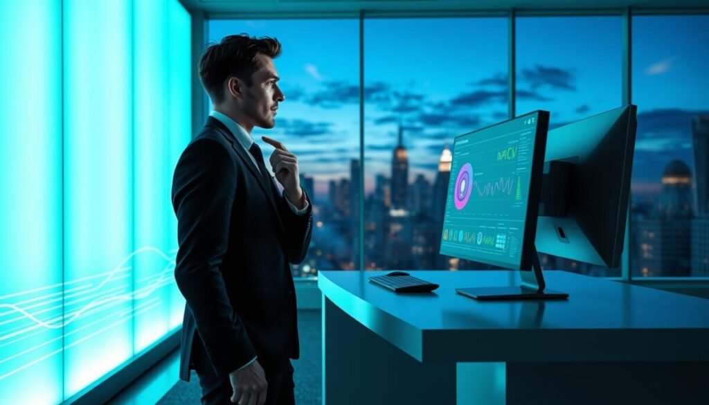 A futuristic office setting focused on privacy and data security, featuring a sleek computer workstation with a digital interface displaying voice data analytics in vibrant neon colors. In the foreground, a person dressed in professional business attire is interacting with a voice recognition device, with a thoughtful expression indicating privacy concerns. Soft blue and green lighting casts a calming atmosphere, emphasizing a sense of security. The middle ground includes abstract representations of data streams, like vibrant lines and shapes symbolizing encrypted voice data. In the background, a large window reveals a city skyline under a dusk sky, enhancing the atmosphere of advanced technology and confidentiality, while shadows subtly represent the unseen threats of data breaches. A futuristic office setting focused on privacy and data security, featuring a sleek computer workstation with a digital interface displaying voice data analytics in vibrant neon colors. In the foreground, a person dressed in professional business attire is interacting with a voice recognition device, with a thoughtful expression indicating privacy concerns. Soft blue and green lighting casts a calming atmosphere, emphasizing a sense of security. The middle ground includes abstract representations of data streams, like vibrant lines and shapes symbolizing encrypted voice data. In the background, a large window reveals a city skyline under a dusk sky, enhancing the atmosphere of advanced technology and confidentiality, while shadows subtly represent the unseen threats of data breaches.